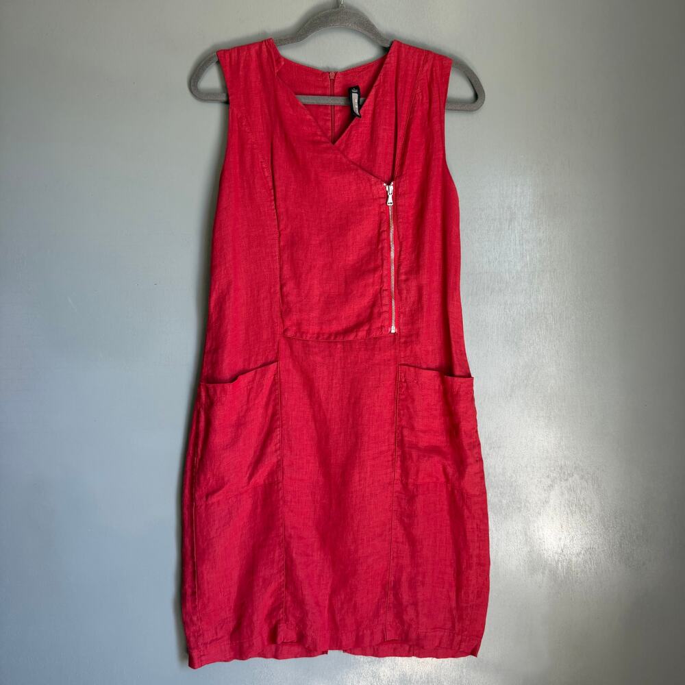INIZIO Women's Large Red Sleeveless Linen Knee Length Dress Zip Accent Stretch